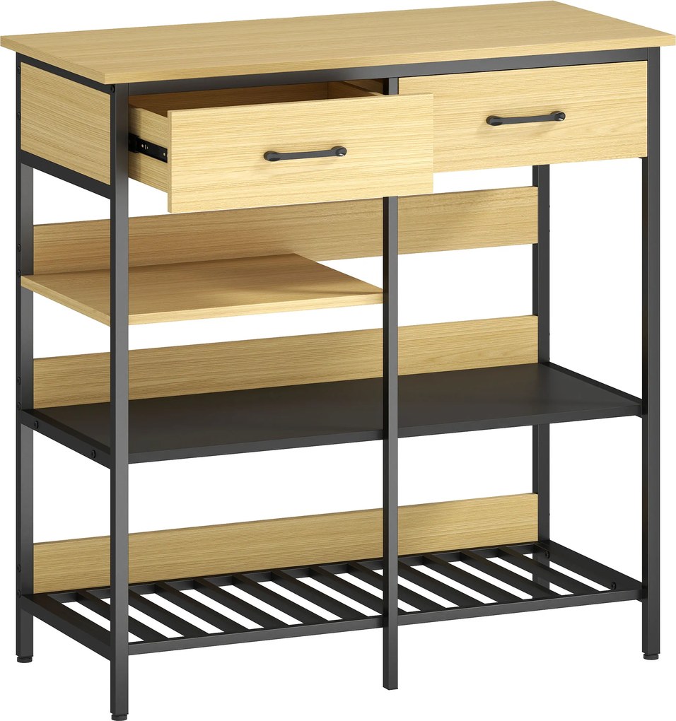 HOMCOM Komoda, komoda z 2 szufladami i 3 otwartymi półkami, szafka kuchenna do kuchni, salonu 90 x 40 x 91 cm, drewno naturalne