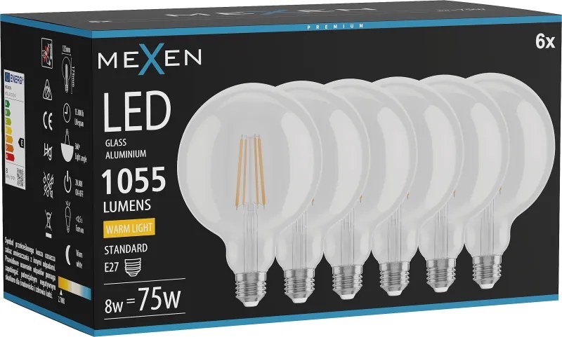 Mexen Vintis 6x żarówka filament LED E27, G125, 8W, Ciepła - 2700K, 1055 lm, clear - L158-E27-0827-00x06