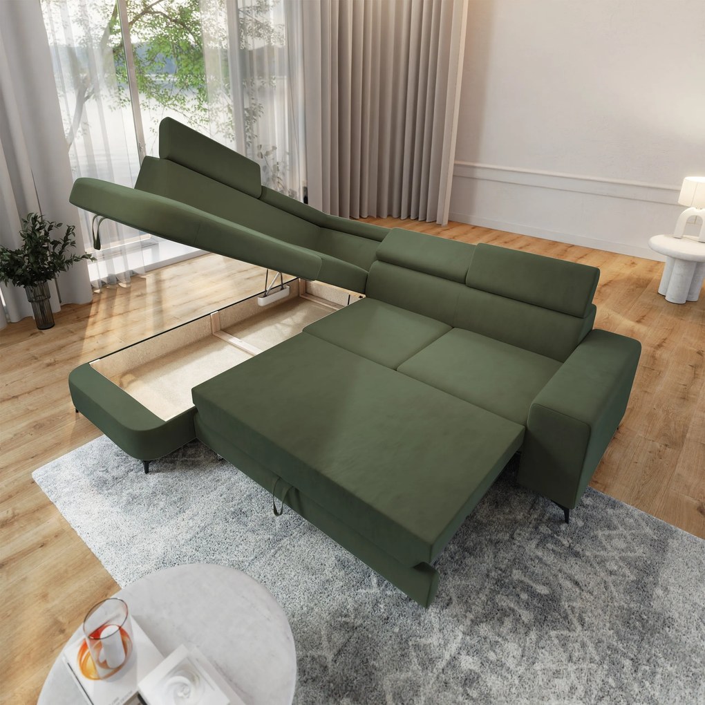 Masseno Narożnik ALVORO z funkcją spania i pojemnikiem na pościel Narozniki L, Rozkładana sofa - Zielony, MATT VELVET 38