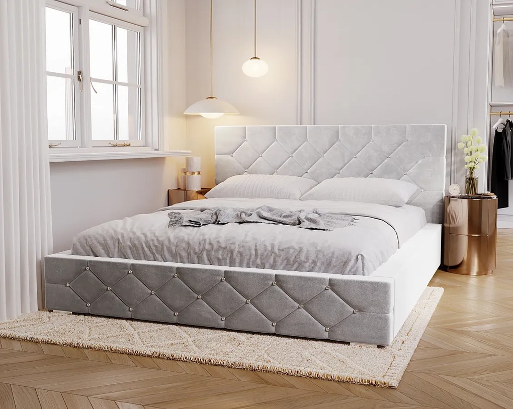 Emporius Solar łóżko tapicerowane 160x200 cm - eleganckie łóżko w stylu glamour - kryształki, pojemnik i stelaż, tkanina aksamitna, jasny szary (Magic Velvet 2218)