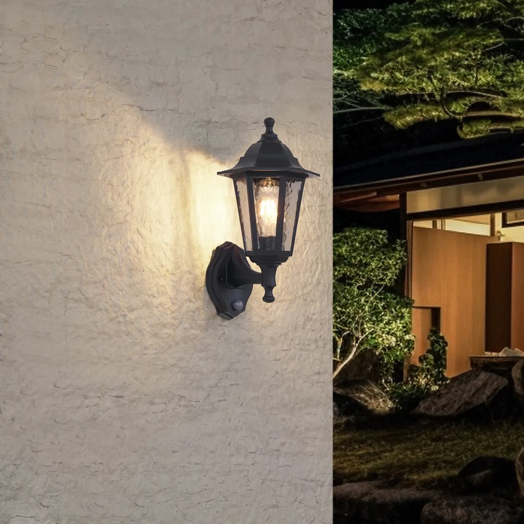 Zewnętrzna lampa ścienna czarna z czujnikiem ruchu IP44 - New Haven Hammered