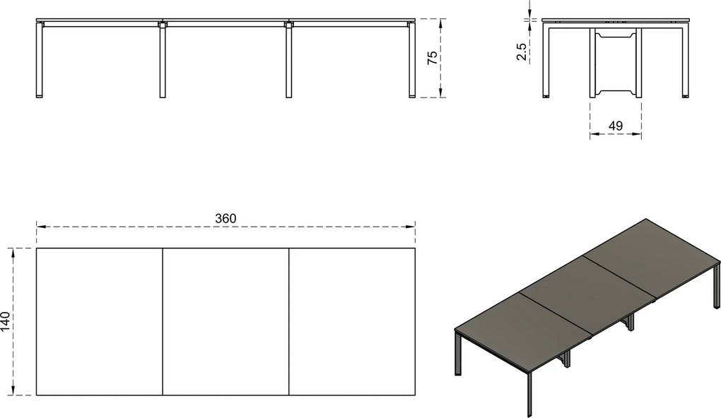 Szeroki stół biurowy Pason Workstation 6 360x140 cm