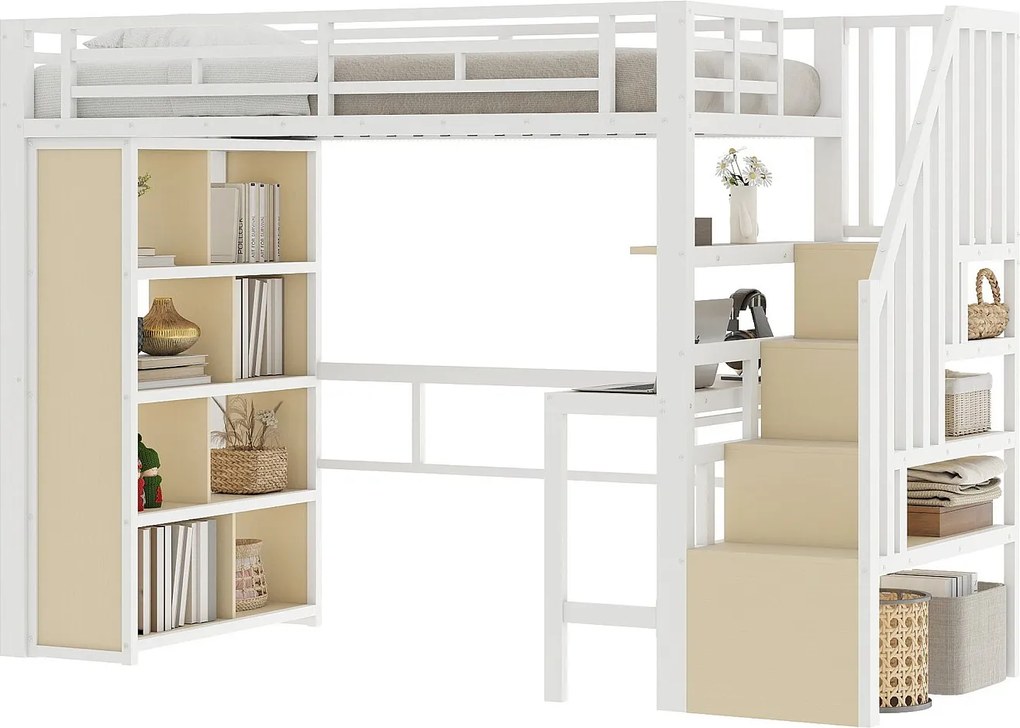 Łóżko piętrowe dla dzieci - 90 x 200 cm - rama żeliwna - z biurkiem + regałem + oświetleniem LED + drabinką - metalowe - białe