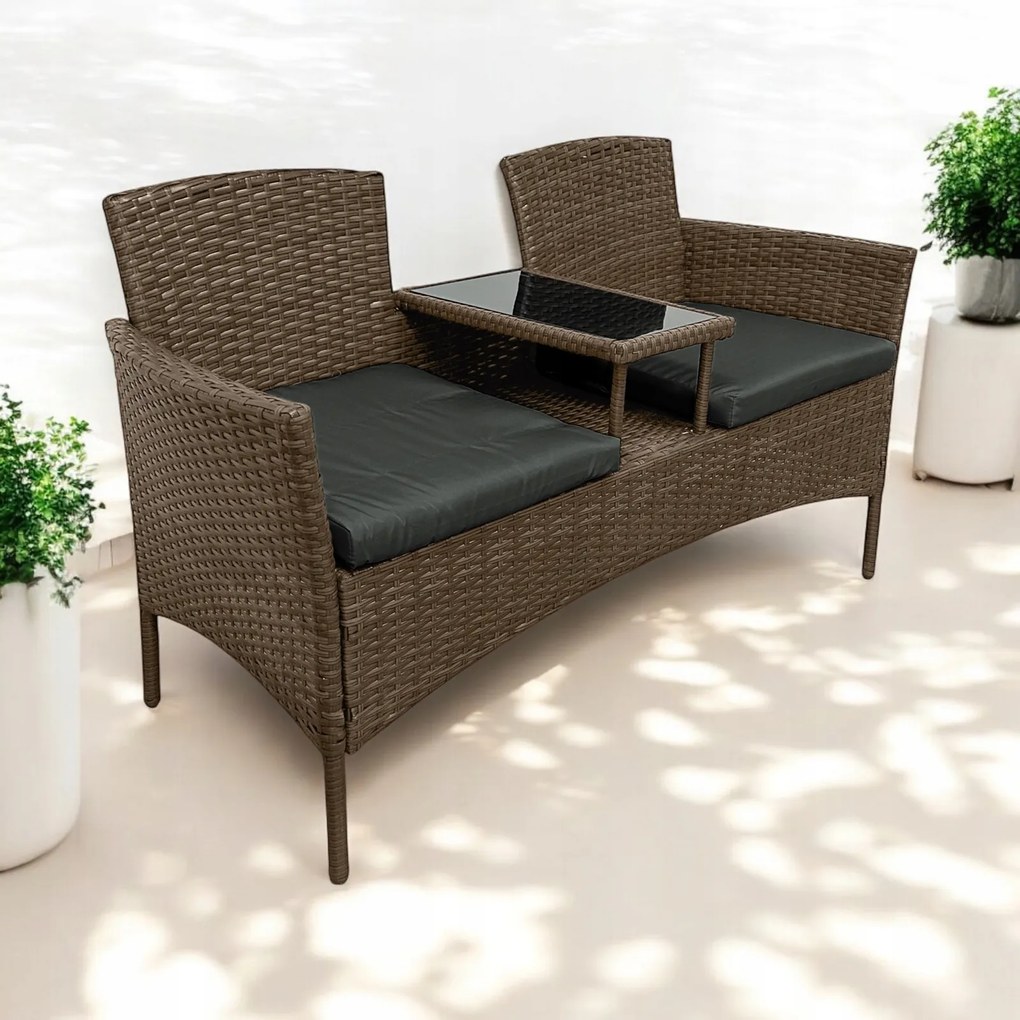 Meble ogrodowe Ratina, dwuosobowa sofa ze stolikiem, kolor jasny brąz, poduszki szare