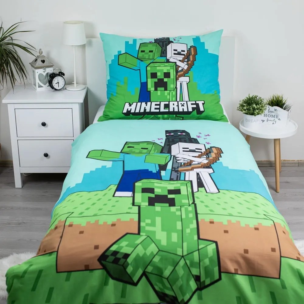 Zielono-niebieska bawełniana pościel dziecięca jednoosobowa 140x200 cm Minecraft "Mobs Here" – Jerry Fabrics