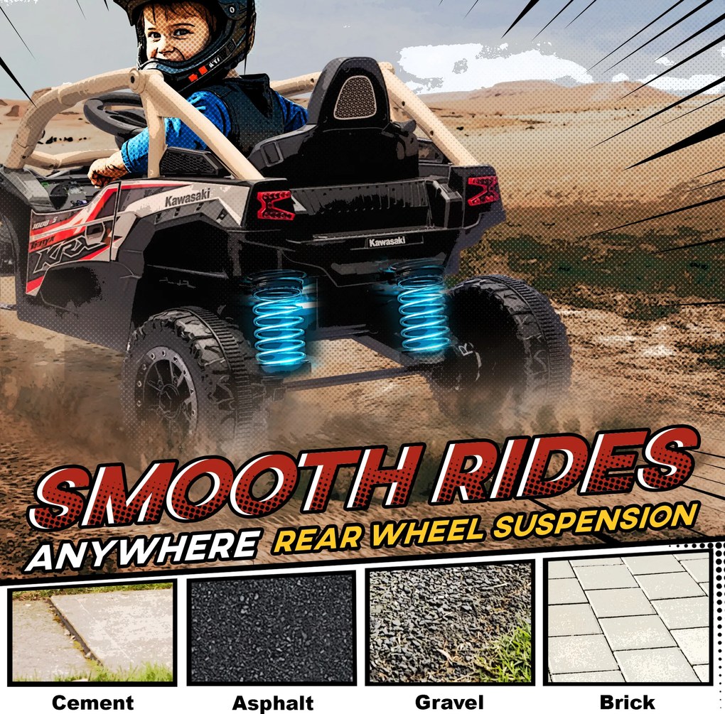 AIYAPLAY Elektryczny pojazd dla dzieci 3-8 lat 12V z licencją KAWASAKI, podwójny napęd, pilot zdalnego sterowania i muzyka, żółty