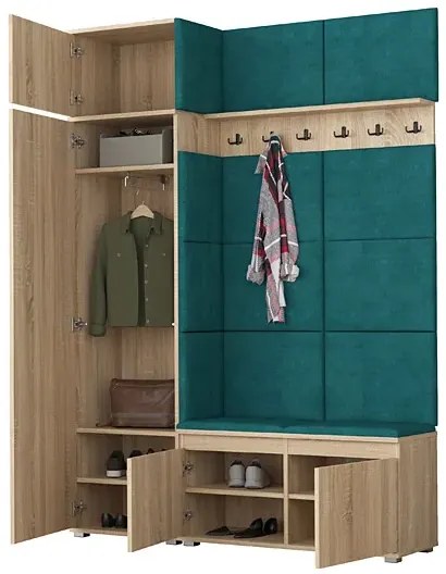 Garderoba z welurowym panelem ściennym dąb sonoma + butelkowa zieleń Z3-B52
