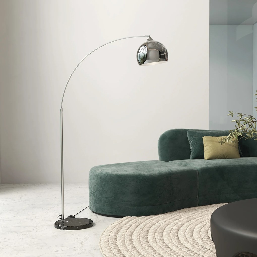 HOMCOM Łukowa lampa stojąca, regulowana, z przełącznikiem nożnym, podstawa imitującą marmur, 170-180cm, Srebrny/Czarny