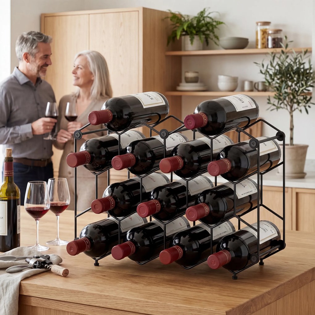 HOMCOM Stojak na wino na 13 butelek z designem plastra miodu, regulowanymi nóżkami, zabezpieczeniem przed przewróceniem, metalowy, 43 x 15,5 x 31 cm, czarny | Aosom PL