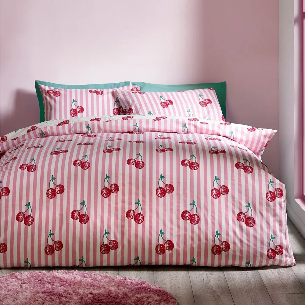 Biało-różowa pościel dwuosobowa 230x220 cm Disco Cherries Stripes – Catherine Lansfield