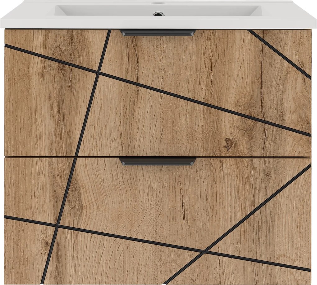 Szafka do łazienki z wpuszczaną umywalką Wood 02, dąb wotan, 60 cm - zestaw 3