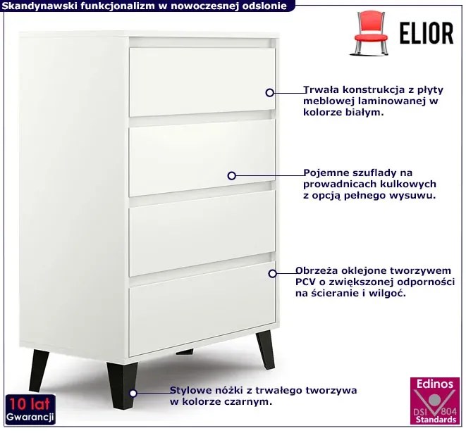 Biała komoda na nóżkach z 4 szufladami - Bilgo 5X