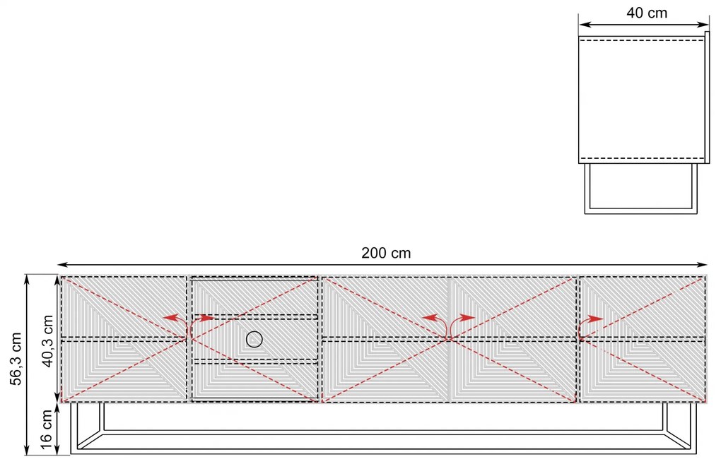 Szafka RTV Asha 200 cm z ryflowanym frontem i metalowym, czarnym stelażem - artisan / rivier stone mat