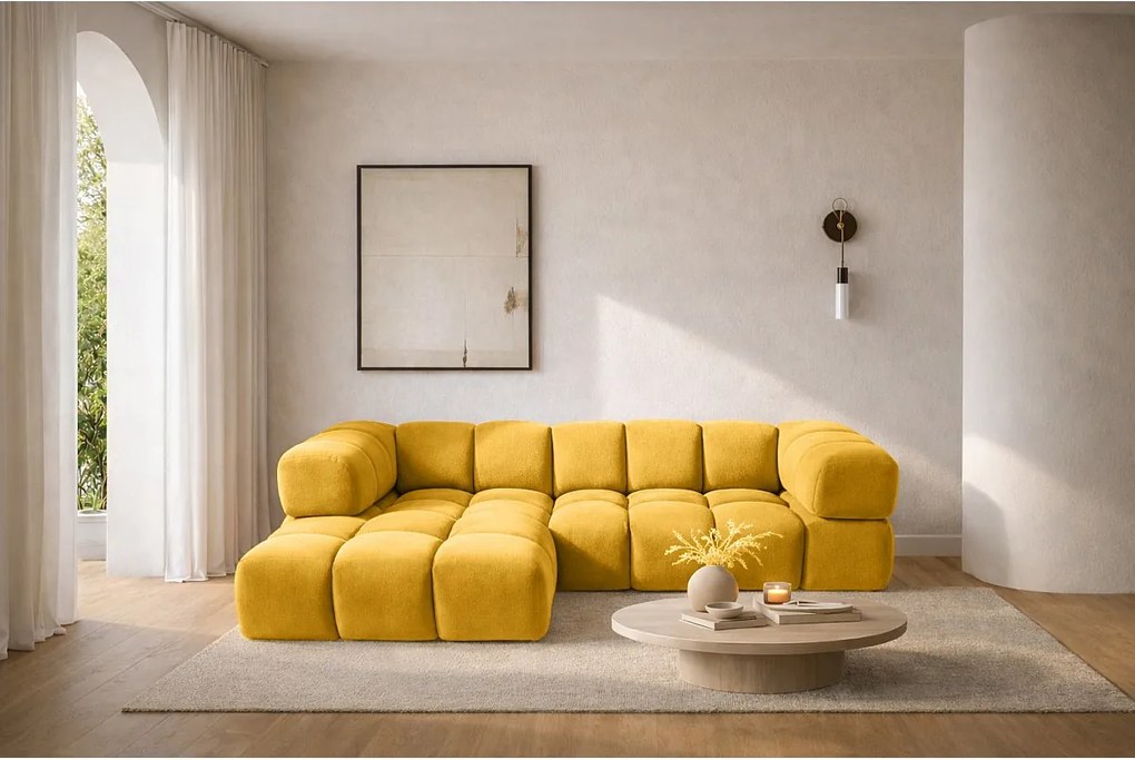 Narożnik w kształcie L Averro, tkanina Bluvel, Złoty, Lewy