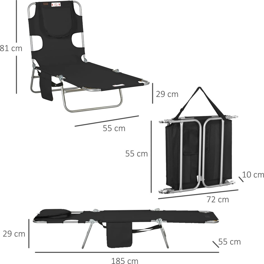 Outsunny Leżak ogrodowy, fotel leżak z wyściełanym otworem na twarz, leżanka masująca do użytku zewnętrznego, kieszeń boczna, tkanina, metal, czarny | Aosom PL