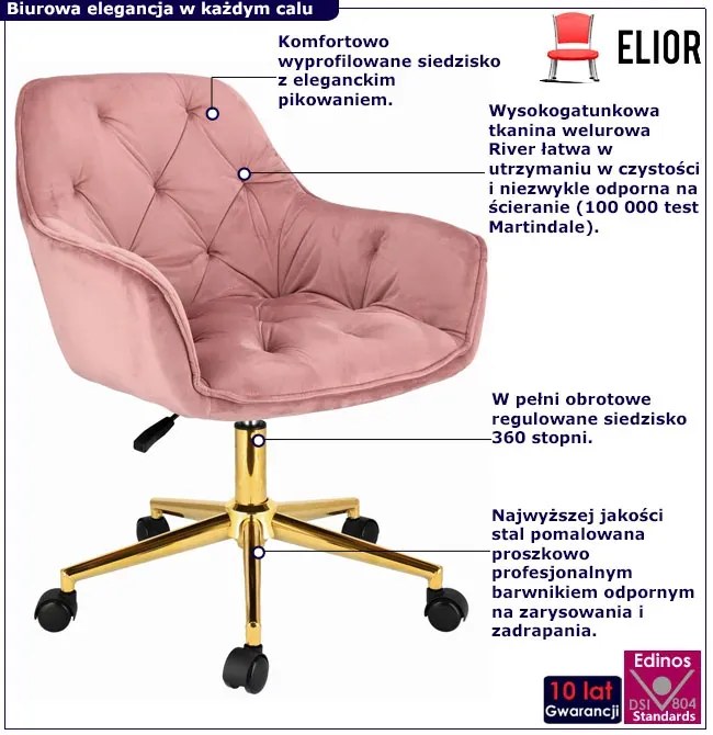 Różowe pikowane krzesło obrotowe w stylu glamour - Anlo 5X