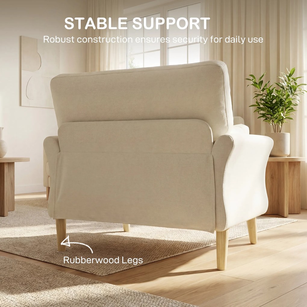HOMCOM Aksamitny fotel z drewnianymi nogami, szeroki fotel wypoczynkowy do salonu i sypialni, kremowy | Aosom PL