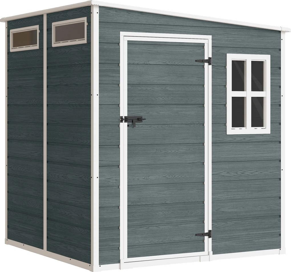 Outsunny Domek ogrodowy 2,89 m² z wyglądem drewna, 3 okna, wentylacja, podłoga, zamek, rękawice, 182 x 182 x 196 cm | Aosom PL