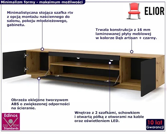 Szafka Rtv Stojąca Lub Wisząca Dąb Artisan + Czarny W3-C02