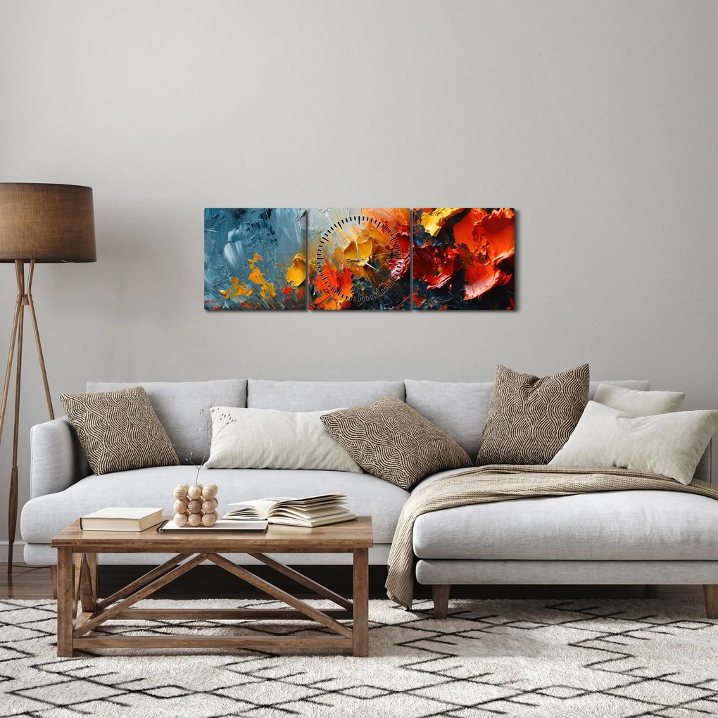 Obraz - Abstrakcyjny obraz kwiatów III. (z zegarem) (90x30 cm)