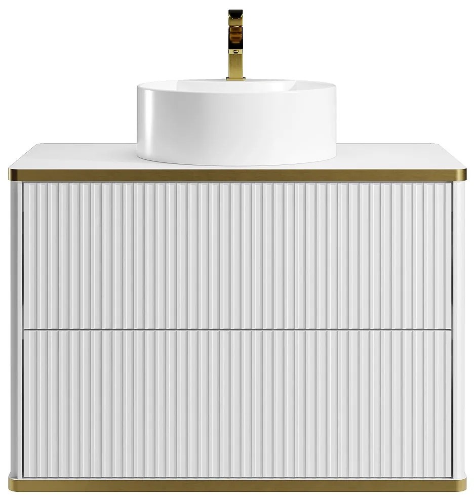 Szafka łazienkowa wisząca  ryflowana ze złotą listwą i okrągłą umywalką nablatową - Biały - 80 cm - KELIZA