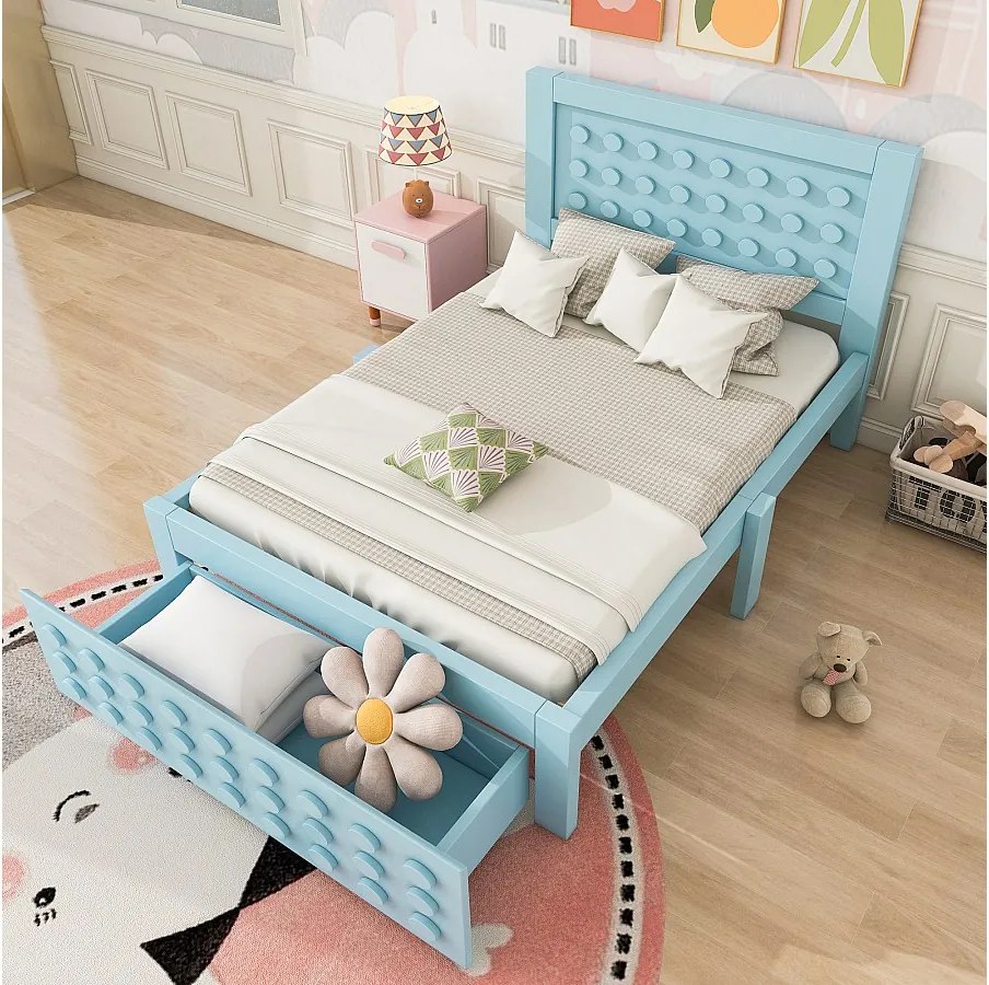 Łóżko pojedyncze drewniane - 90 x 200 cm - design creative block - z podstawą z listew + 1 szuflada - lite drewno + MDF - niebieskie