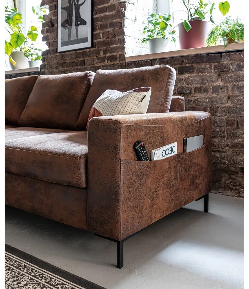 Brązowy narożnik rozkładany z imitacji skóry Miuform Lofty Lilly Vintage, lewostronny