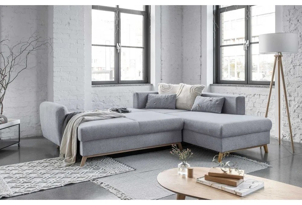 Jasnoszary rozkładany narożnik Miuform Scandic Lagom L, prawostronny