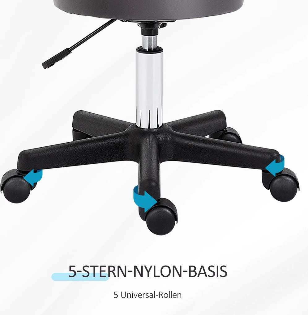 HOMCOM Taboret Salonowy, regulowany, ergonomiczny, obrotowy 360°, 5 kółek, pokrycie syntetyczne, Szary