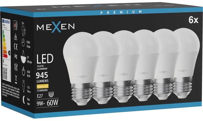 Mexen Nova 6x żarówka LED E27, G45, 9W, Ciepła - 3000K, 945 lm - L101-E27-0930-01x06