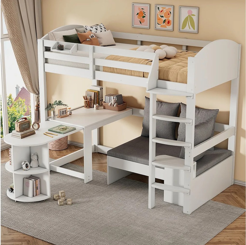 Łóżko antresolowe 90 x 200 cm ze stołem rozkładanym + sofa i 3 poduszkami + poduszki - Drewno - Białe