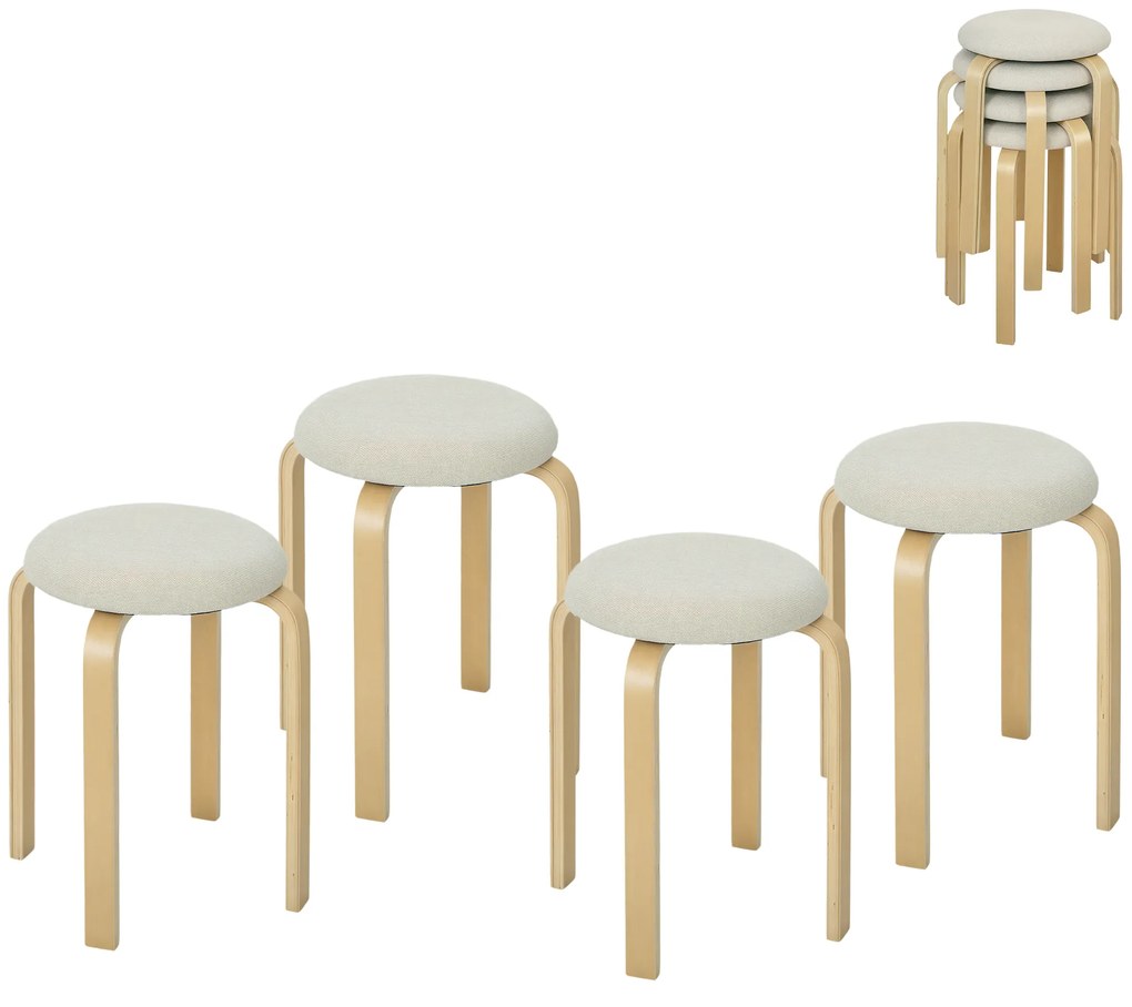 HOMCOM Tapicerowane Stołki w Zestawie 4 szt., Składane, z Lakierowaną Powierzchnią, Nogi z Drewna, Kremowe
