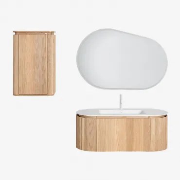 Zestaw Wiszących Mebli Łazienkowych 120x50 Cm Z Drewna Zintegrowany Z Umywalką Carsone Naturalna & Naturalna & Owalna Lampa Led I Przeciwmgielna 120x8