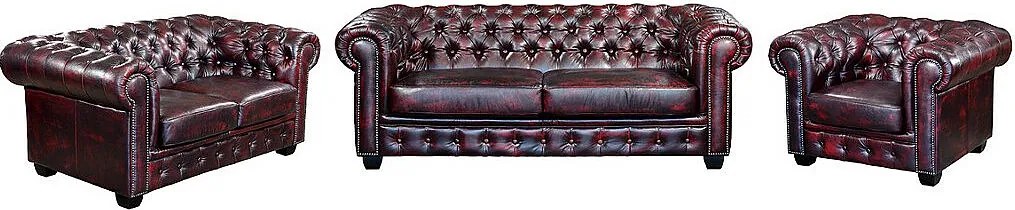 Komplet wypoczynkowy typu chesterfield 3+2+1 BRENTON 100% skóry bawolej - Kolor: cherry