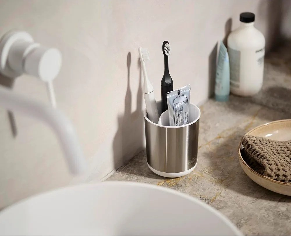 Kubek na szczoteczki do zębów ze stali nierdzewnej w kolorze srebra Duo Steel – Joseph Joseph