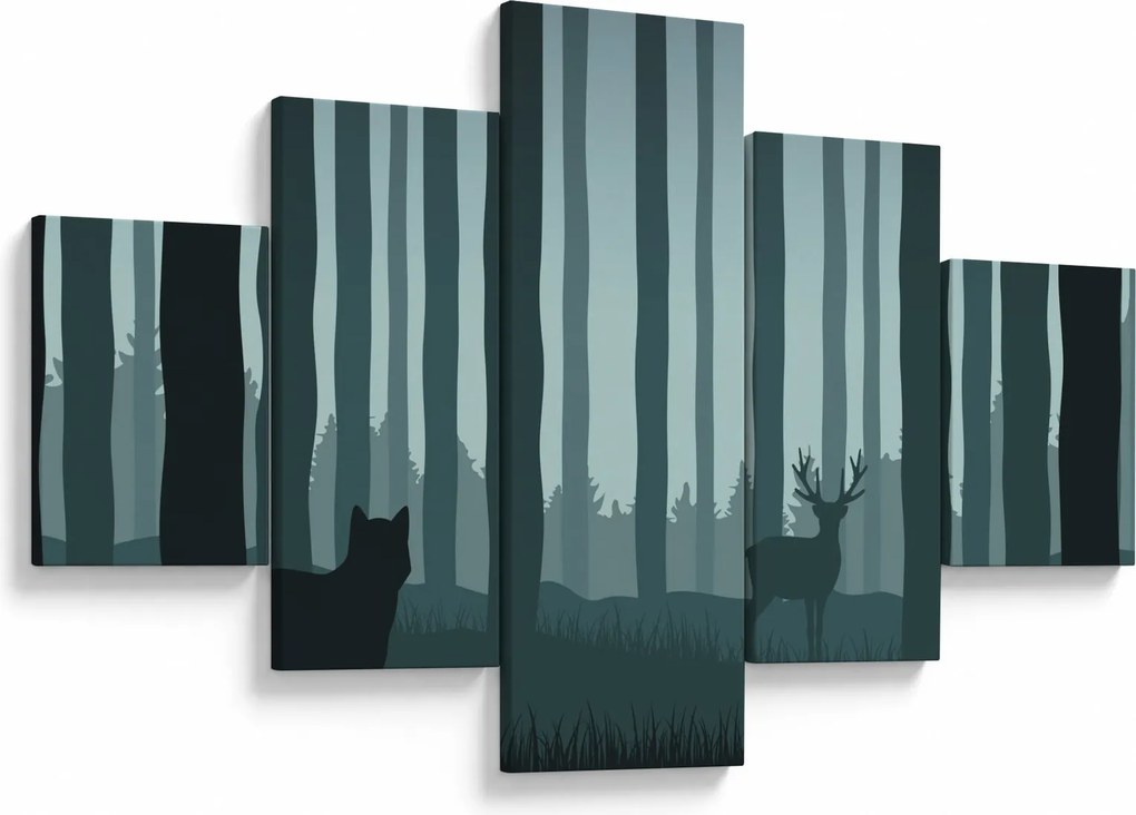 Obraz - Jeleń z wilkiem w skałach (125x70 cm)
