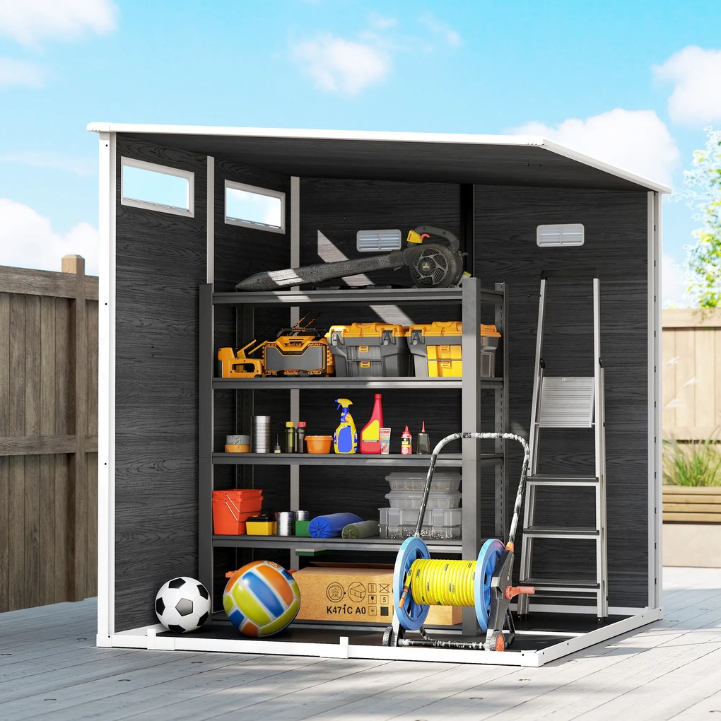 Outsunny Domek ogrodowy 2,89 m² z wyglądem drewna, 3 okna, wentylacja, podłoga, zamek, rękawice, 182 x 182 x 196 cm | Aosom PL