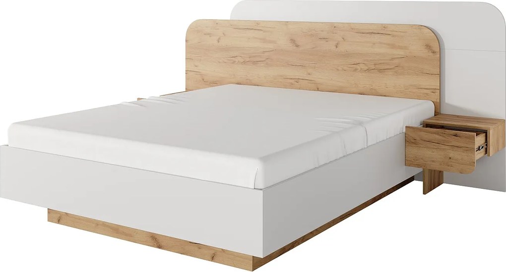 Łóżko z szafkami nocnymi 160 x 200 cm - Z oświetleniem LED - Naturalny i biały - DESADO