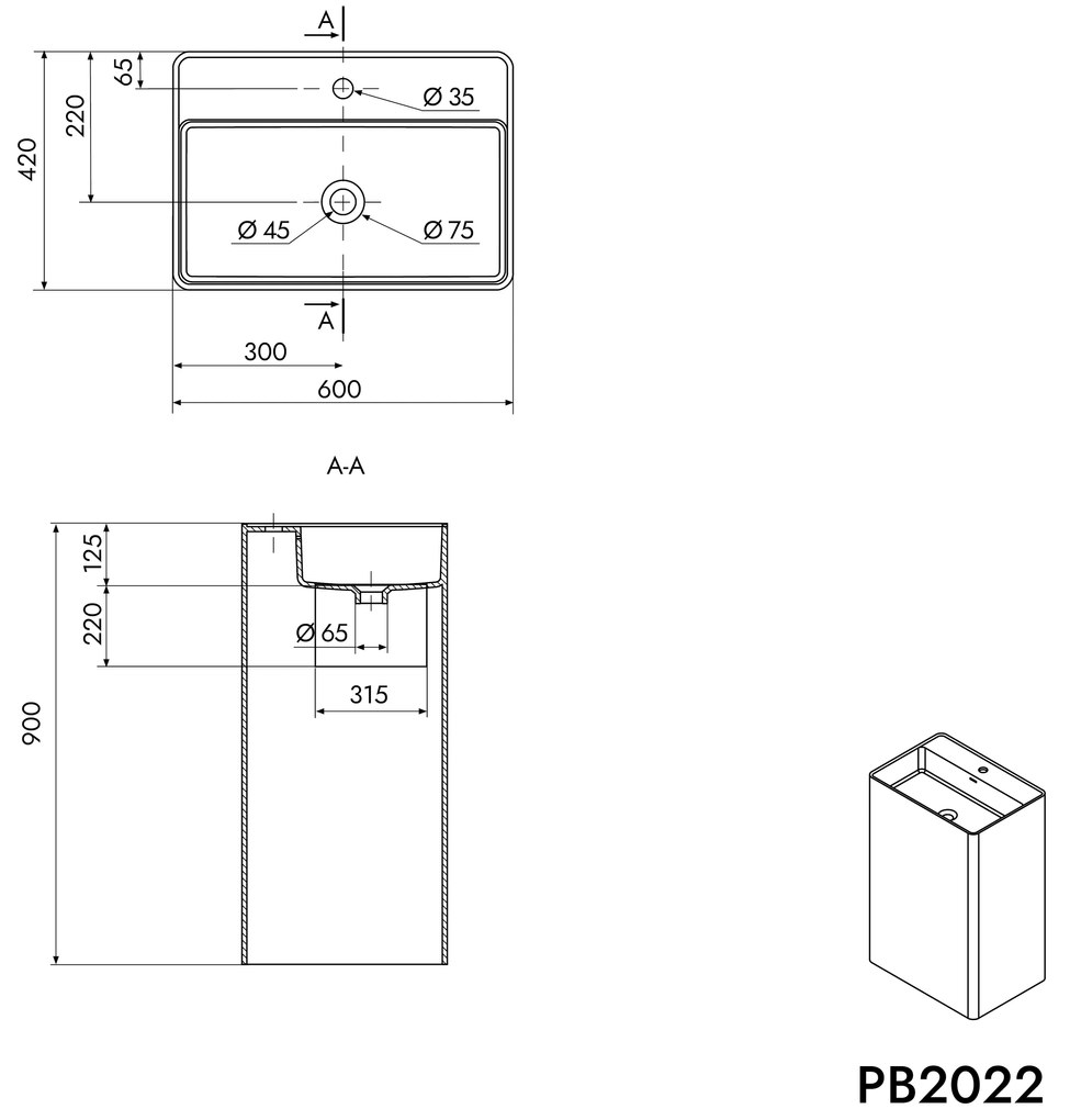 Umywalka wolnostojąca PB2022Odlew mineralny - Biały mat - 60 x 42 x 90 cm