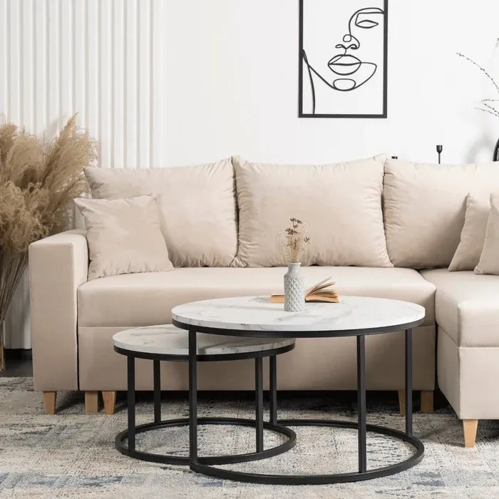 Zestaw Stolików Kawowych DAFNE MAX 60 cm/80 cm Biały Marmur Nowoczesny Glamour