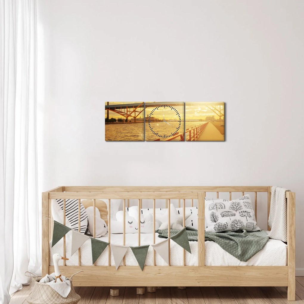 Obraz mostu z zachodem słońca (z zegarem) (90x30 cm)