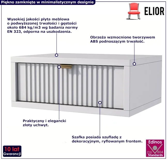 Biała wisząca szafka nocna z ryflowaną szufladą T6-C92