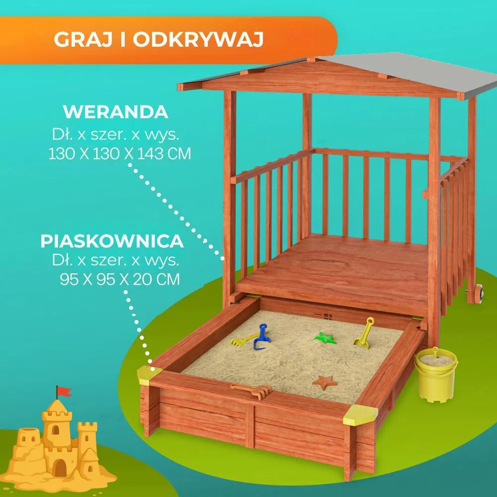 Piaskownica z werandą SUNNY, 130x130x143cm, brązowa/szara Jurhan