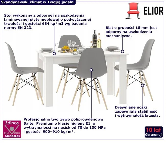 Biały minimalistyczny stół i 4 szare krzesła - Cinar