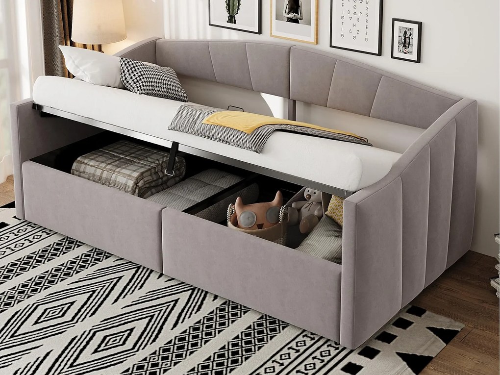 rozkładana sofa z pojemnikiem 90x200cm - stelaż lamelowy - tkanina welurowa - jasnoszary (materac nie jest wliczony w cenę)