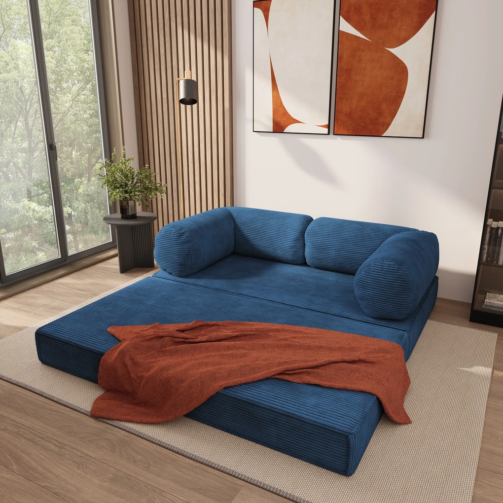 Masseno Sofa piankowa ALVIO z funkcją spania, Kanapa z pianki do salonu, Bezmontażowa, Tkanina sztruksowa – Niebieski POSO 05