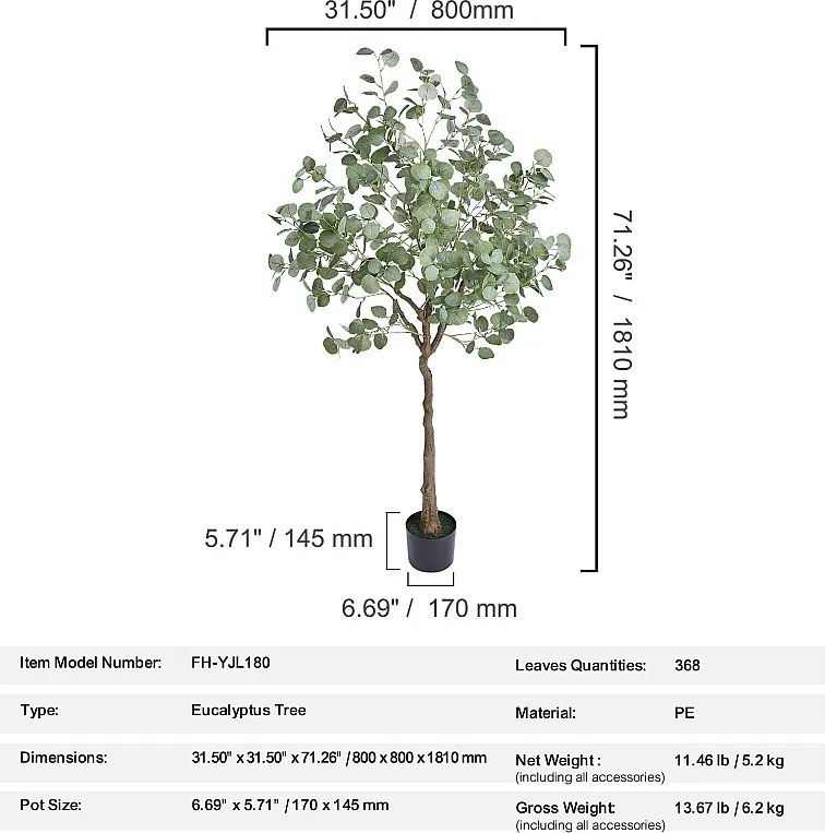 Drzewo Artyficjalne SucceBuy 181 cm, Roślina Artyficjalna PE, do Domu Biuro Centra Handlowe Wewnątrz Zewnątrz