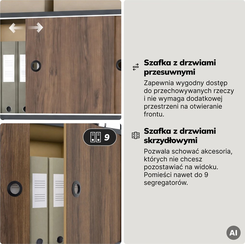 Regał na segregatory z szafką zamykaną, biurowy, otwarte półki, metalowy antracytowy/orzech, 800x2200x400 mm: ARIEL Eco Design