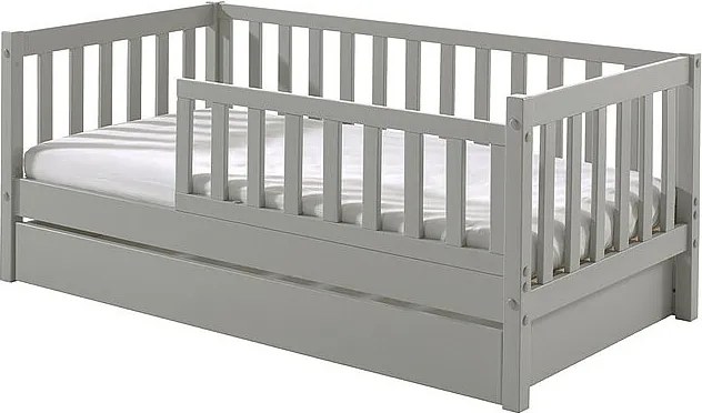 Łóżko dziecięce 70x140 cm szare z stelażem i szufladą na pościel, lite drewno sosnowe, skandynawski design, modułowe wejście