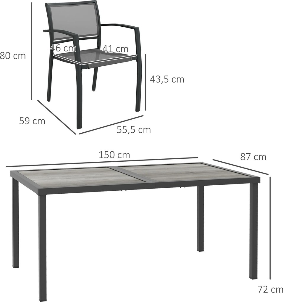 Outsunny Zestaw mebli ogrodowych, stół i 6 krzeseł, 150 x 87 x 72 cm, szary | Aosom PL